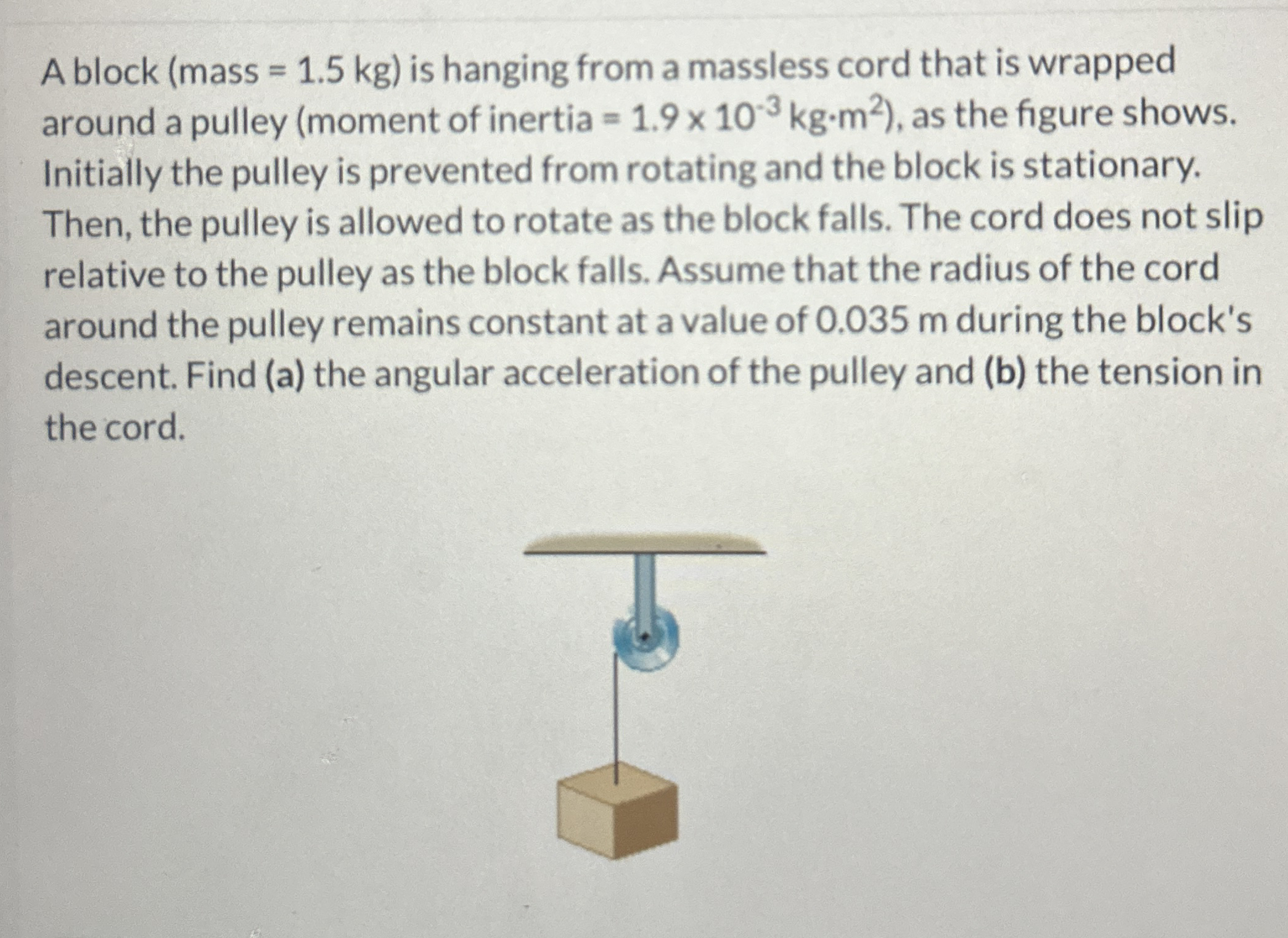 A block ( mass = 1 . 5 k g ) is hanging from a