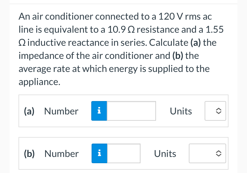 An air conditioner connected to a 1 2 0 V rms ac