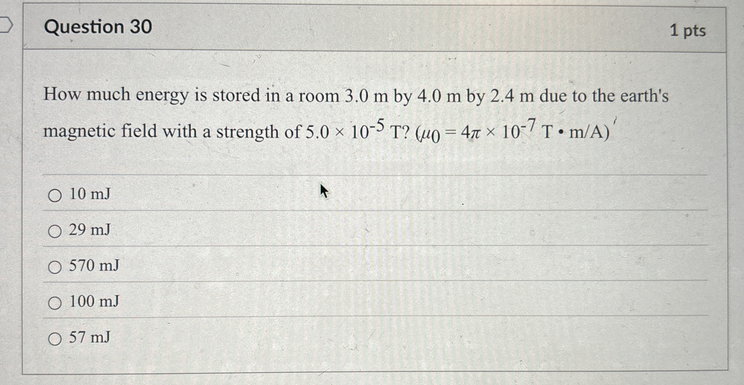 Question 3 0 1 pts How much energy is stored in a