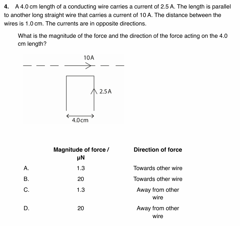 to another long straight wire that carries a