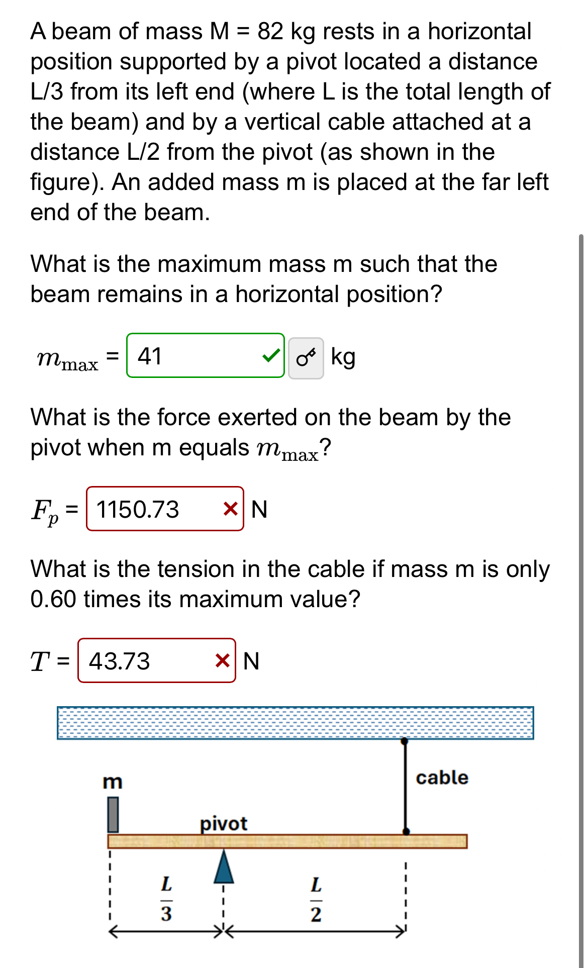 A beam of mass M = 8 2 k g rests in a horizontal