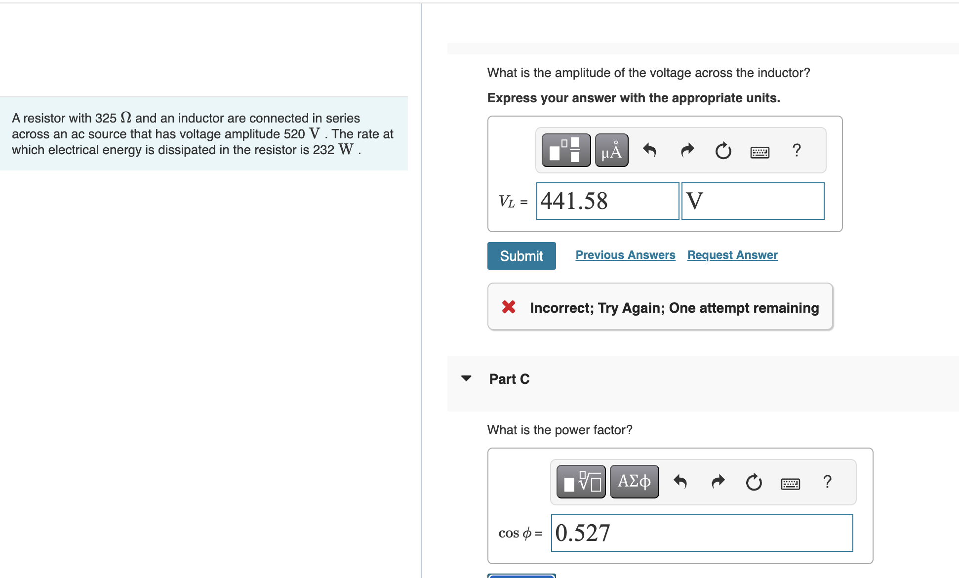 A resistor with 3 2 5 ohm and an inductor are