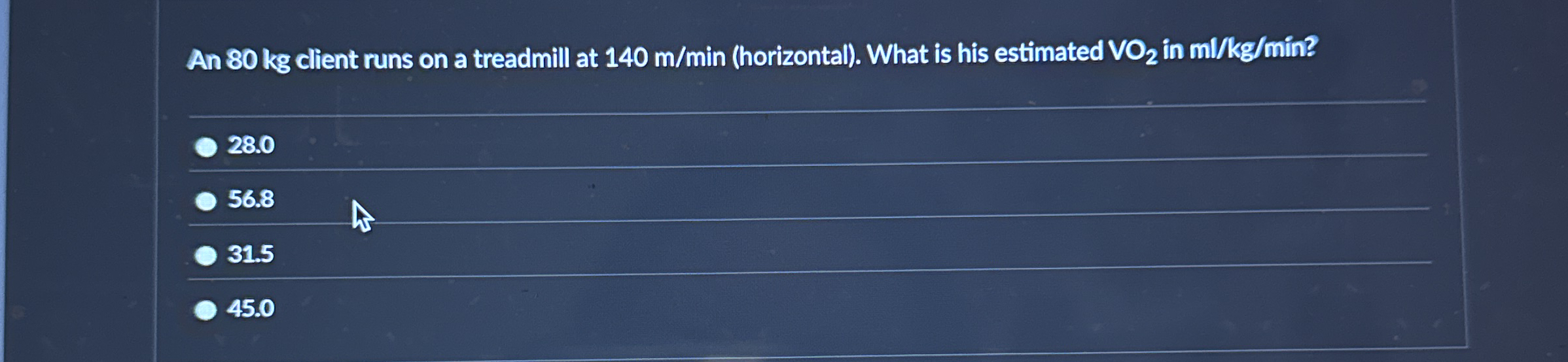 An 8 0 kg client runs on a treadmill at 1 4 0 m m
