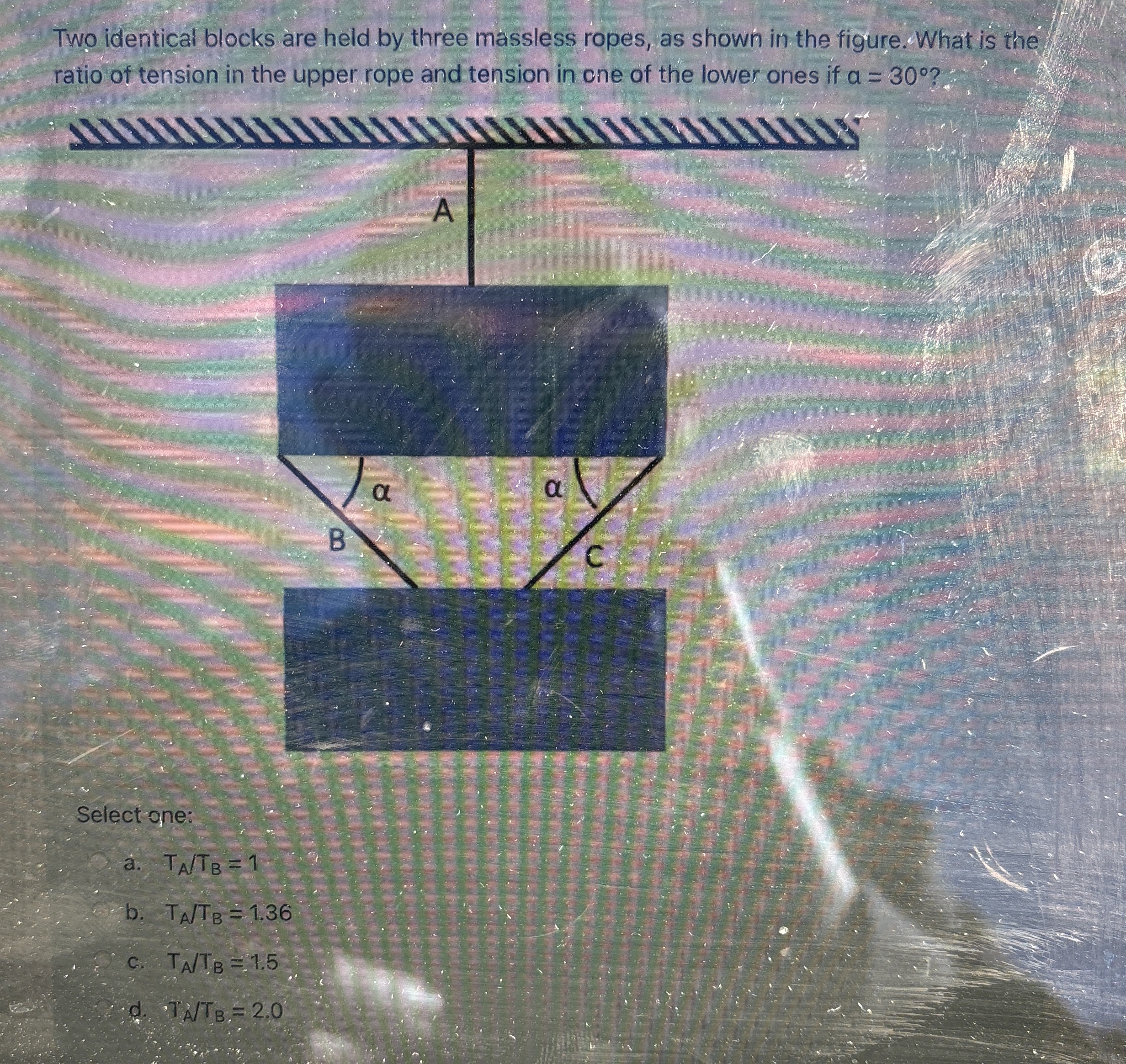 Two identical blocks are held by three massless