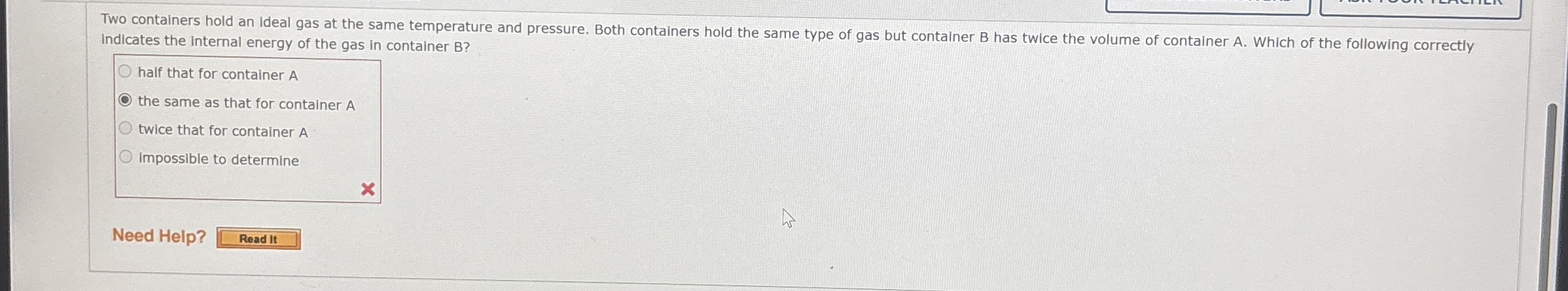 indicates the internal energy of the gas in