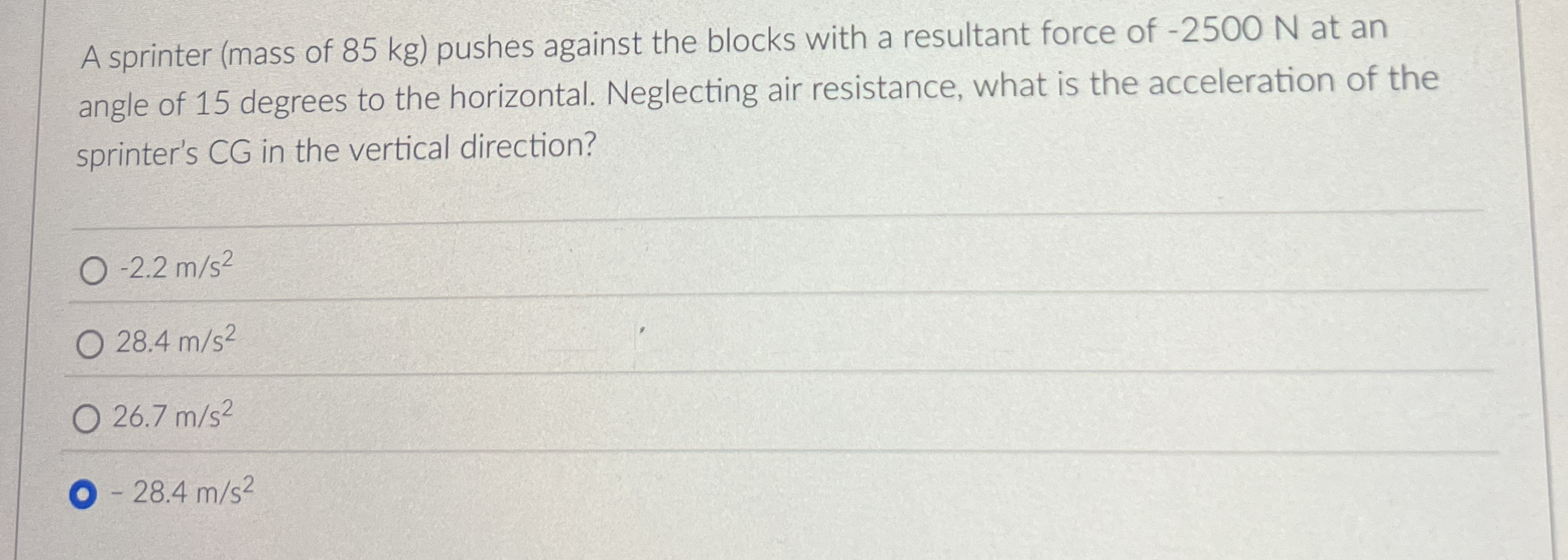 A sprinter ( mass of 8 5 kg ) pushes against the