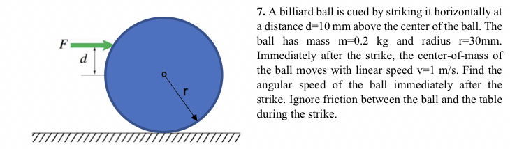 A billiard ball is cued by striking it