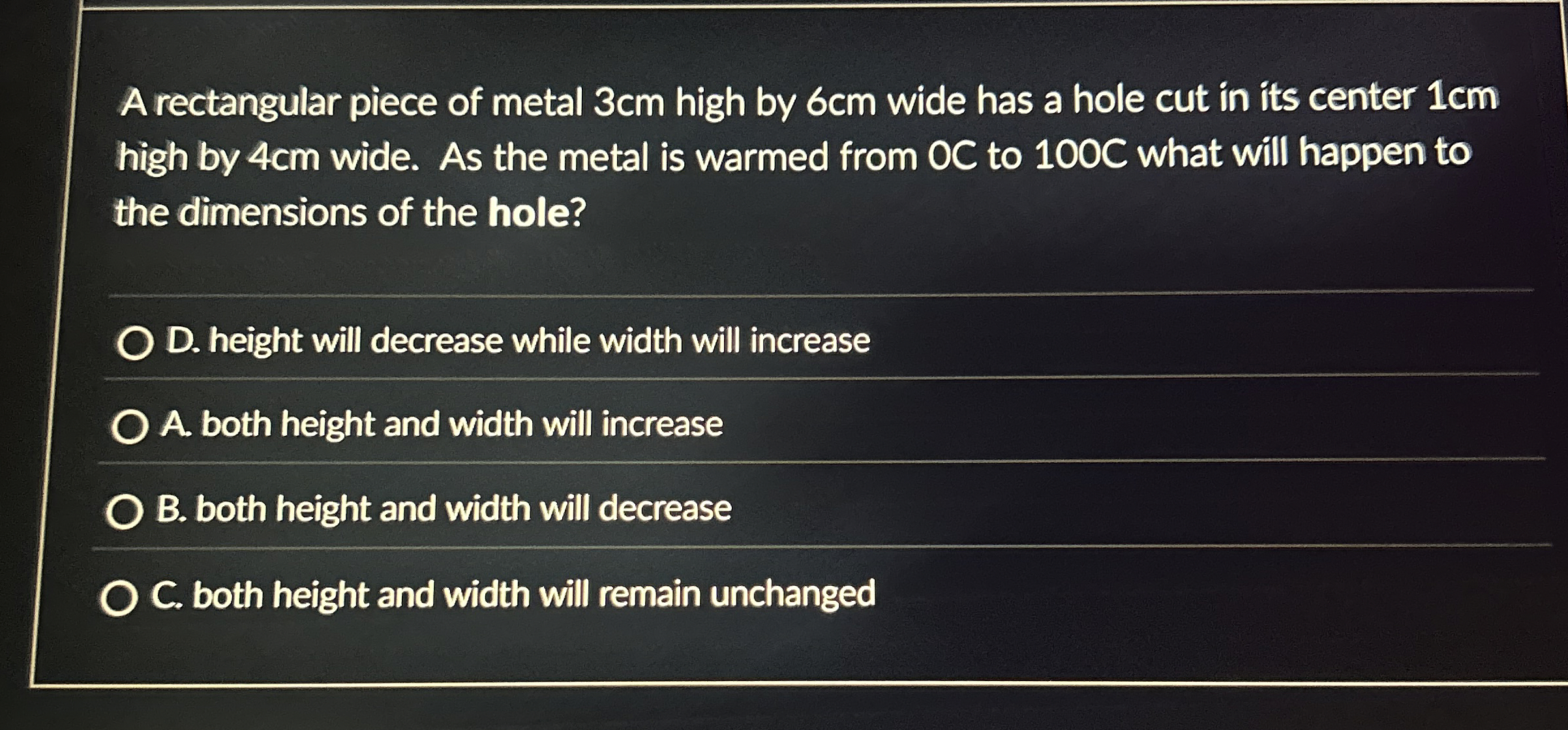 A rectangular piece of metal 3 cm high by 6 cm