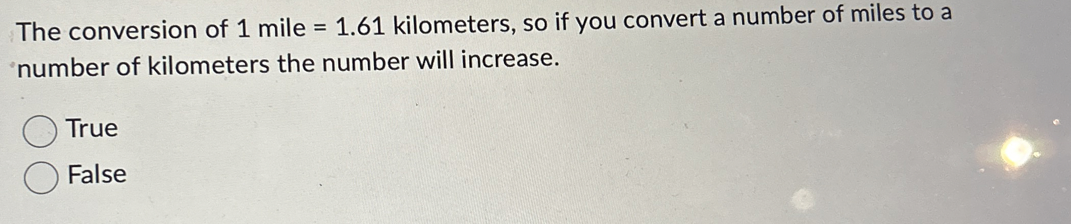 The conversion of 1 mile = 1 . 6 1 kilometers, so