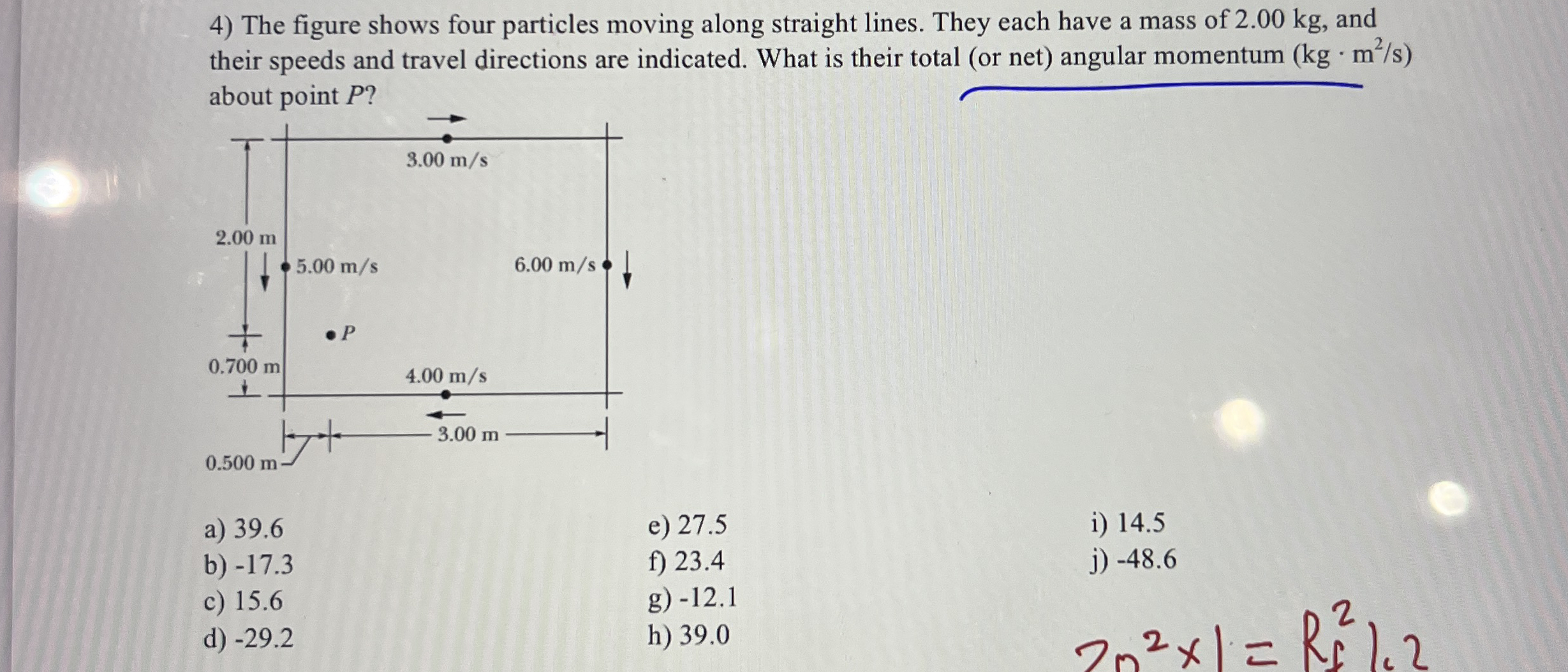 The figure shows four particles moving along