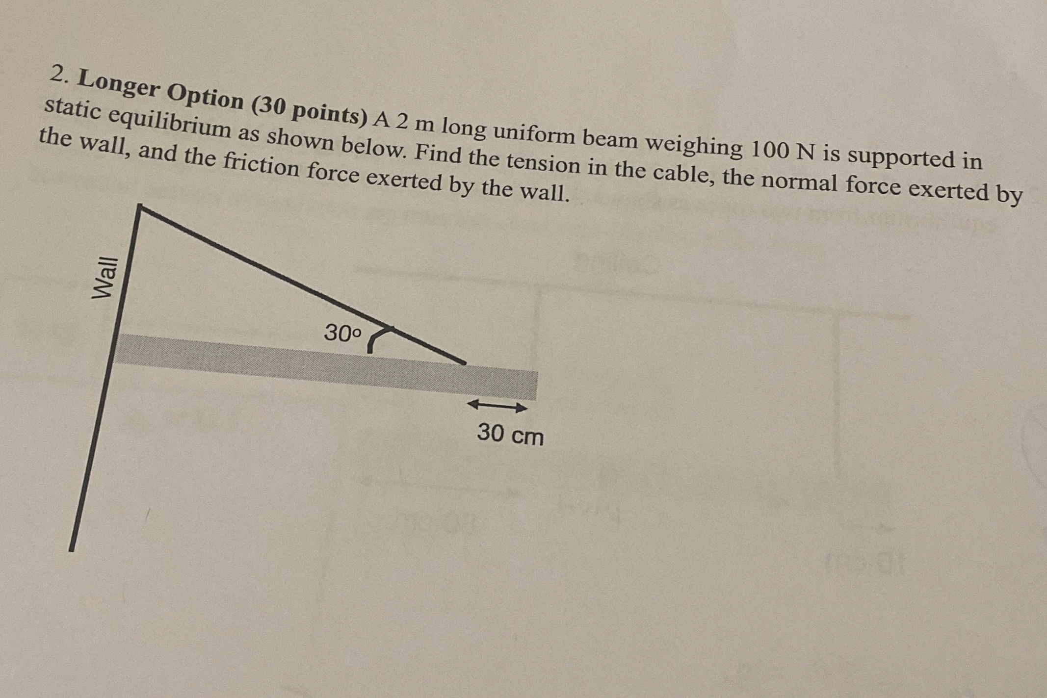A 2 m long uniform beam weighing 1 0 0 N is