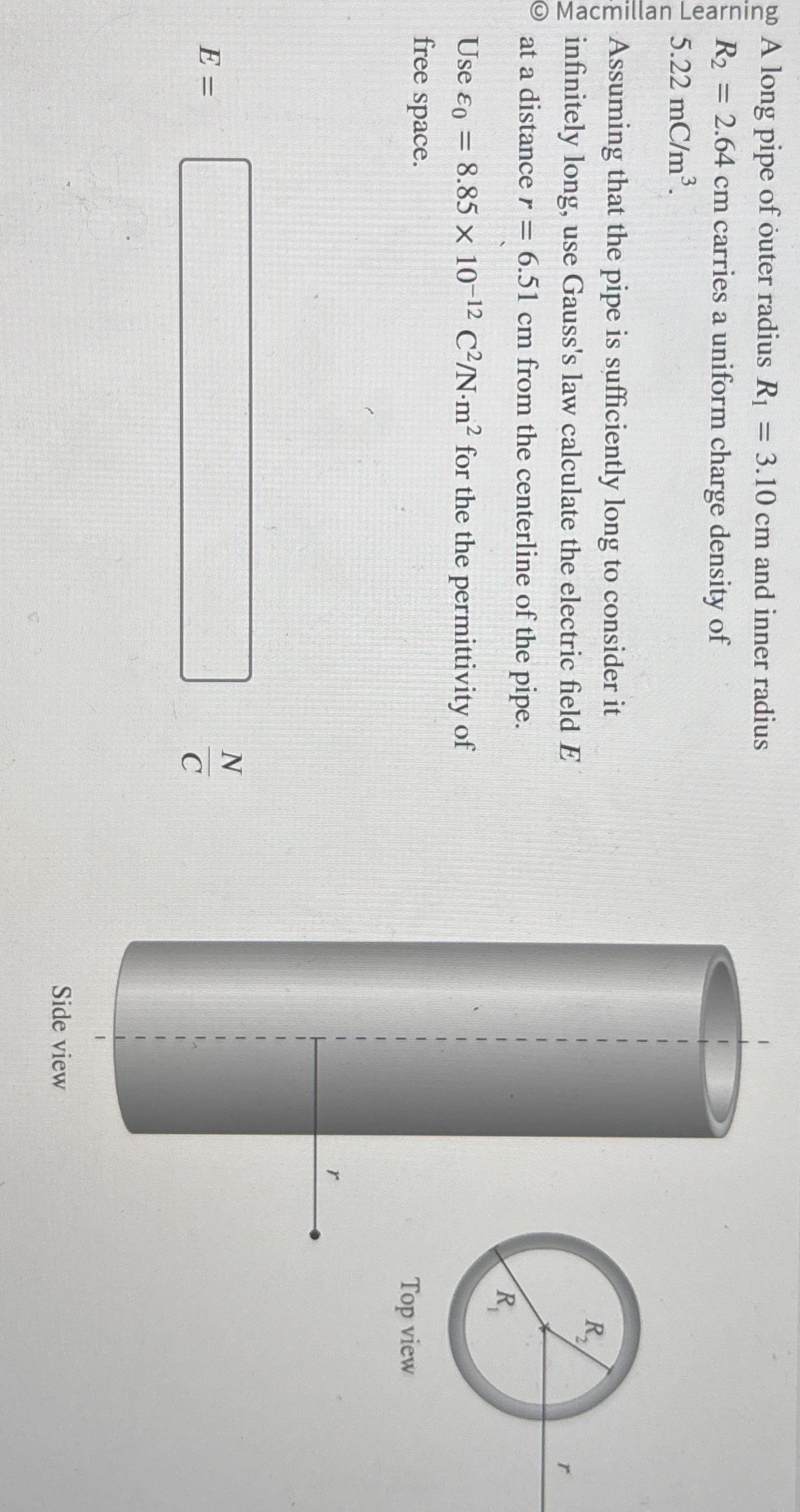 A long pipe of outer radius R 1 = 3 . 1 0 c m and