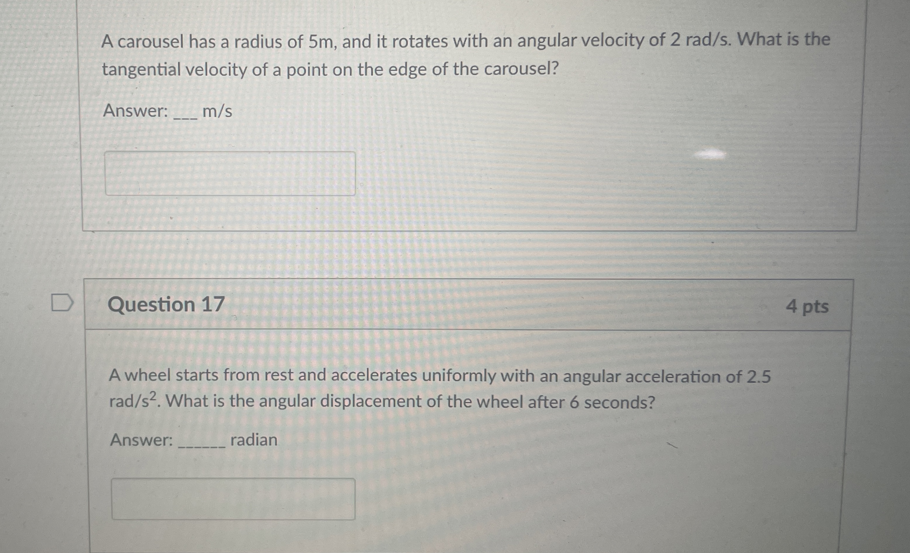 A carousel has a radius of 5 m , and it rotates