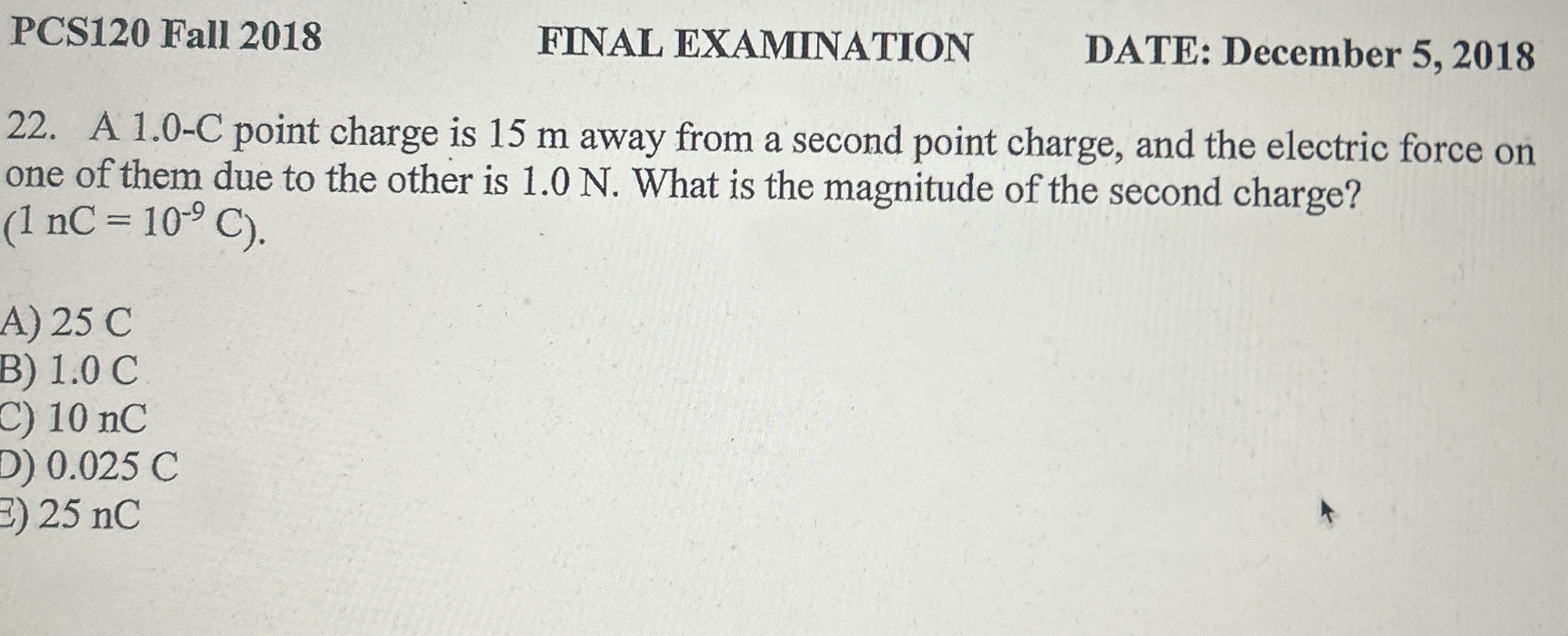 PCS 1 2 0 Fall 2 0 1 8 FINAL EXAMINATION DATE: