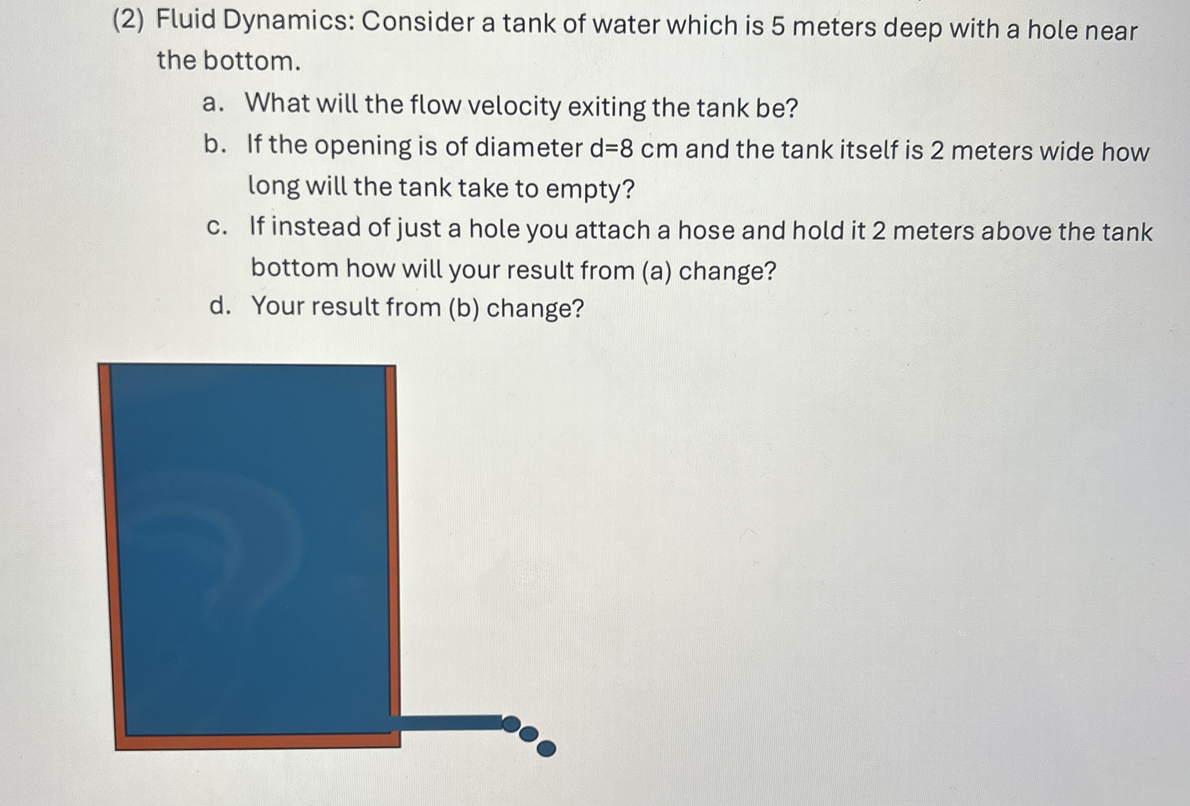 ( 2 ) Fluid Dynamics: Consider a tank of water