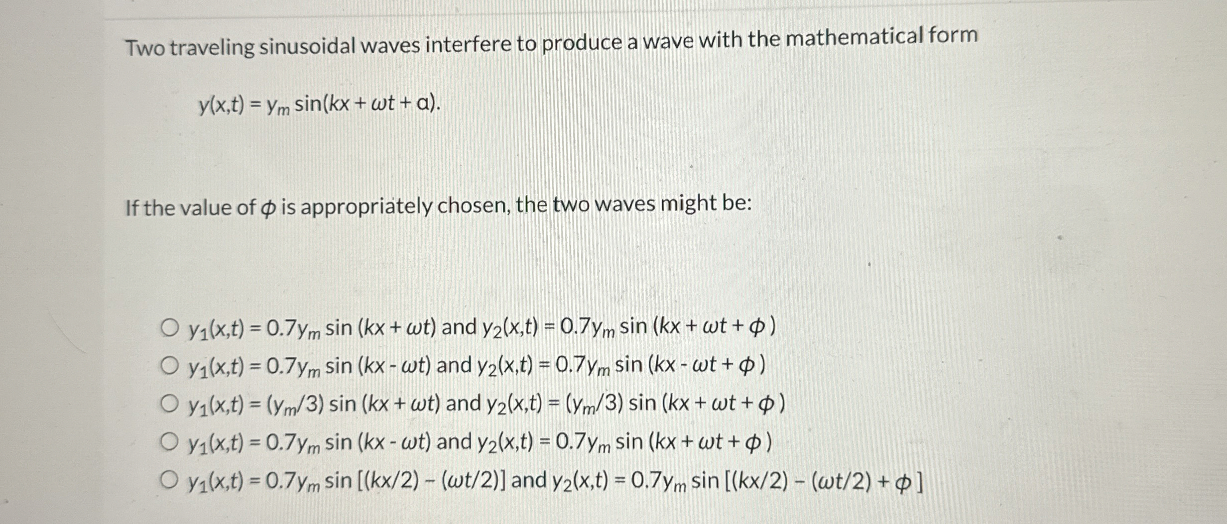 Two traveling sinusoidal waves interfere to