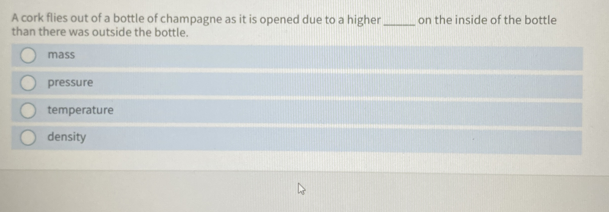 A cork flies out of a bottle of champagne as it