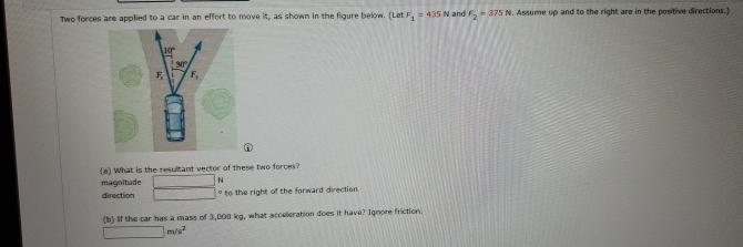 Two forces are applied to a car in an effort to