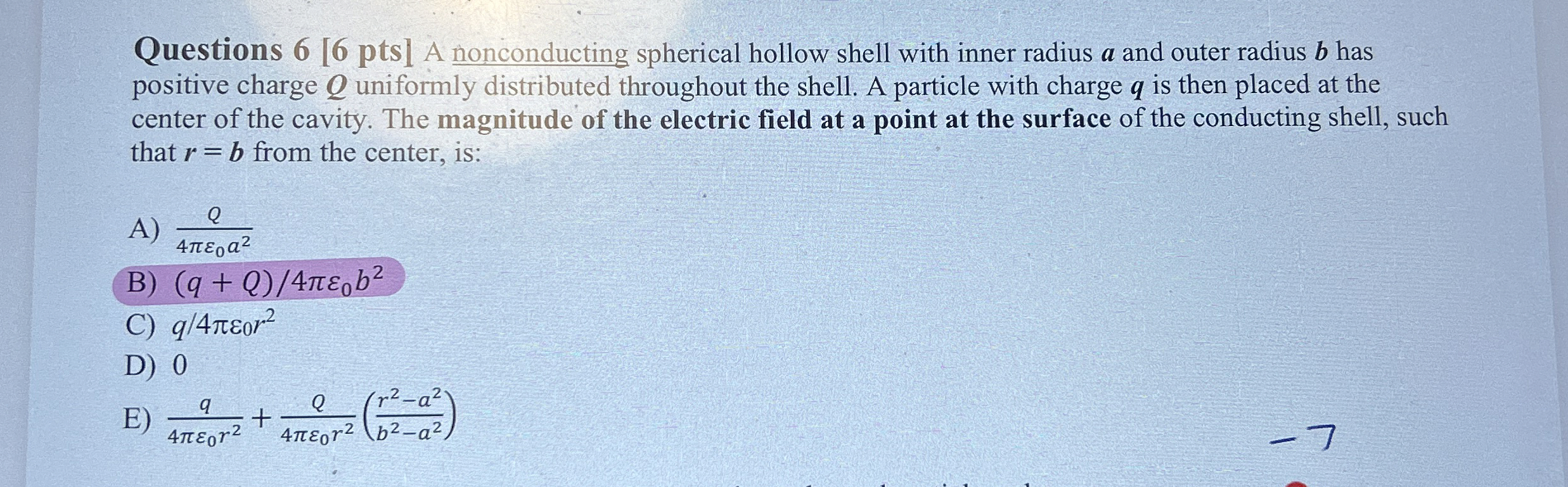 Questions pts ] A nonconducting spherical hollow