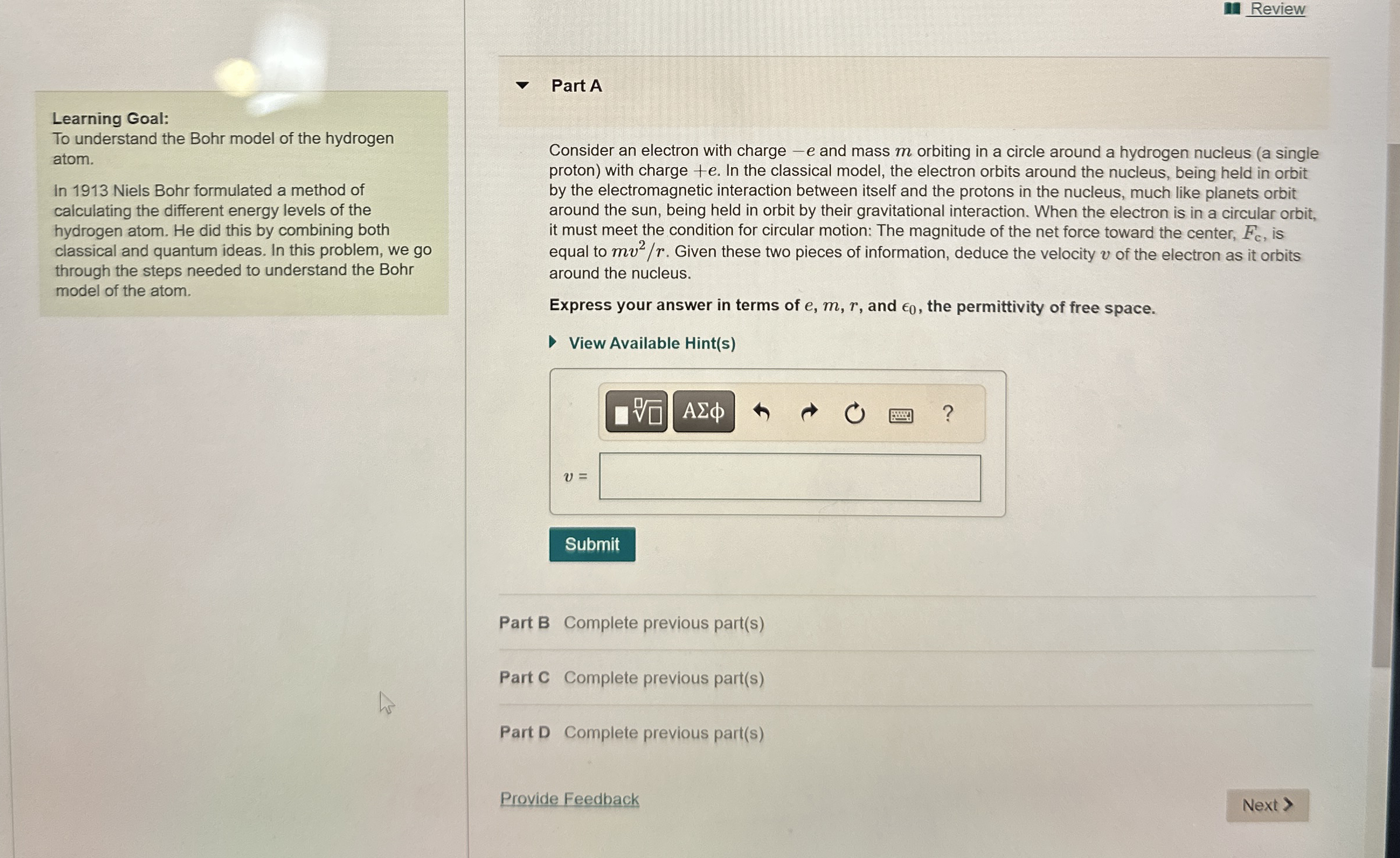 Review Learning Goal: To understand the Bohr