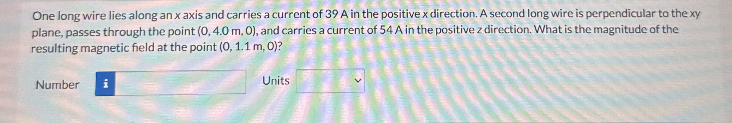 One long wire lies along an x axis and carries a