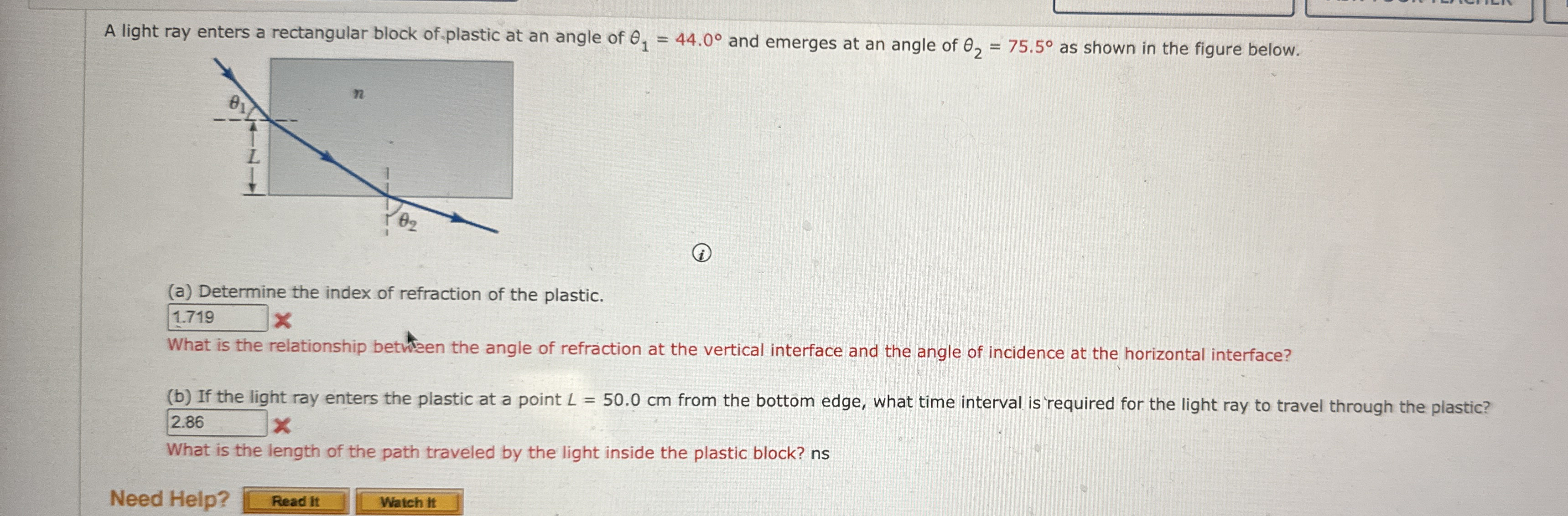 A light ray enters a rectangular block of plastic