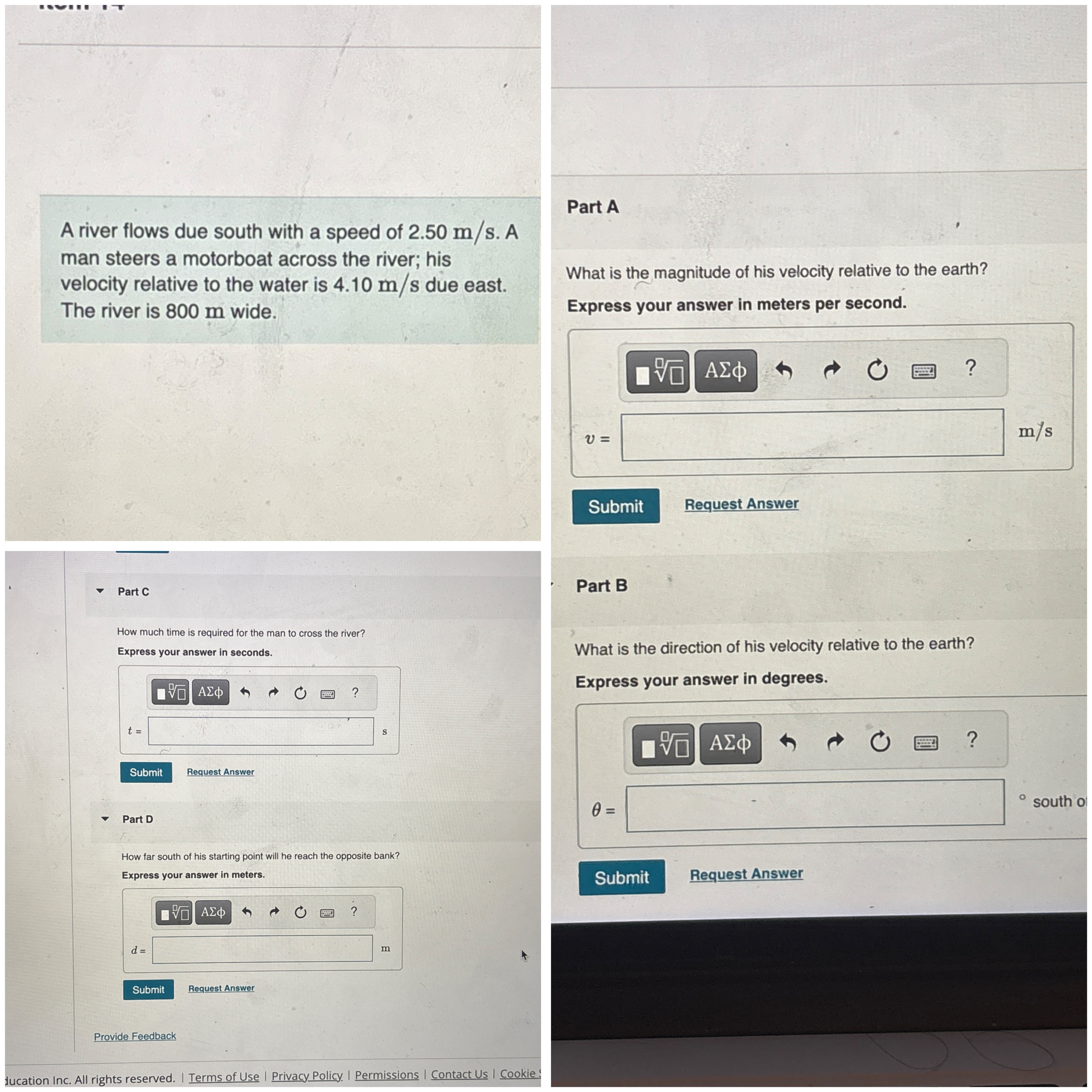 A river flows due south with a speed of 2 . 5 0 m