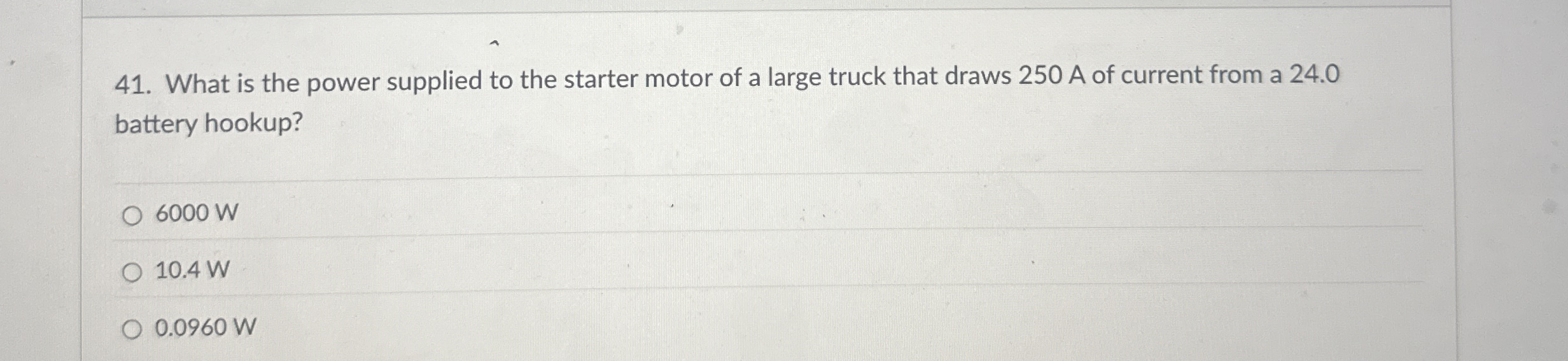 What is the power supplied to the starter motor