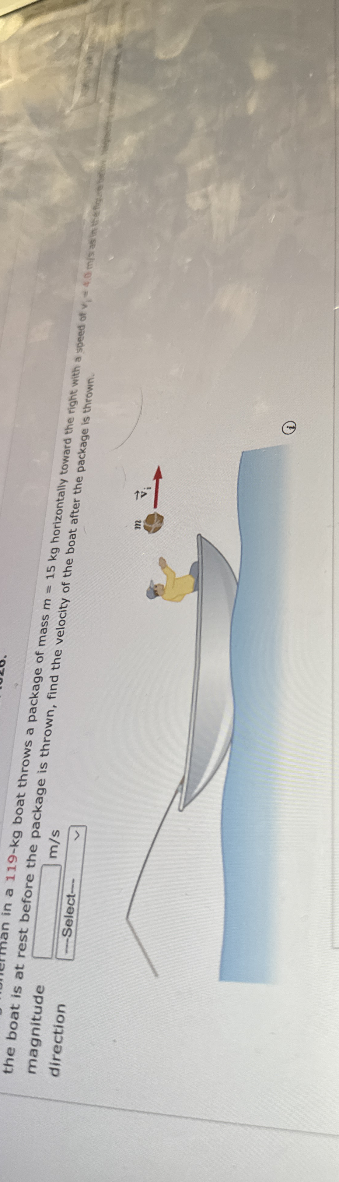 the boat is at rest in a 1 1 9 - k g boat throws