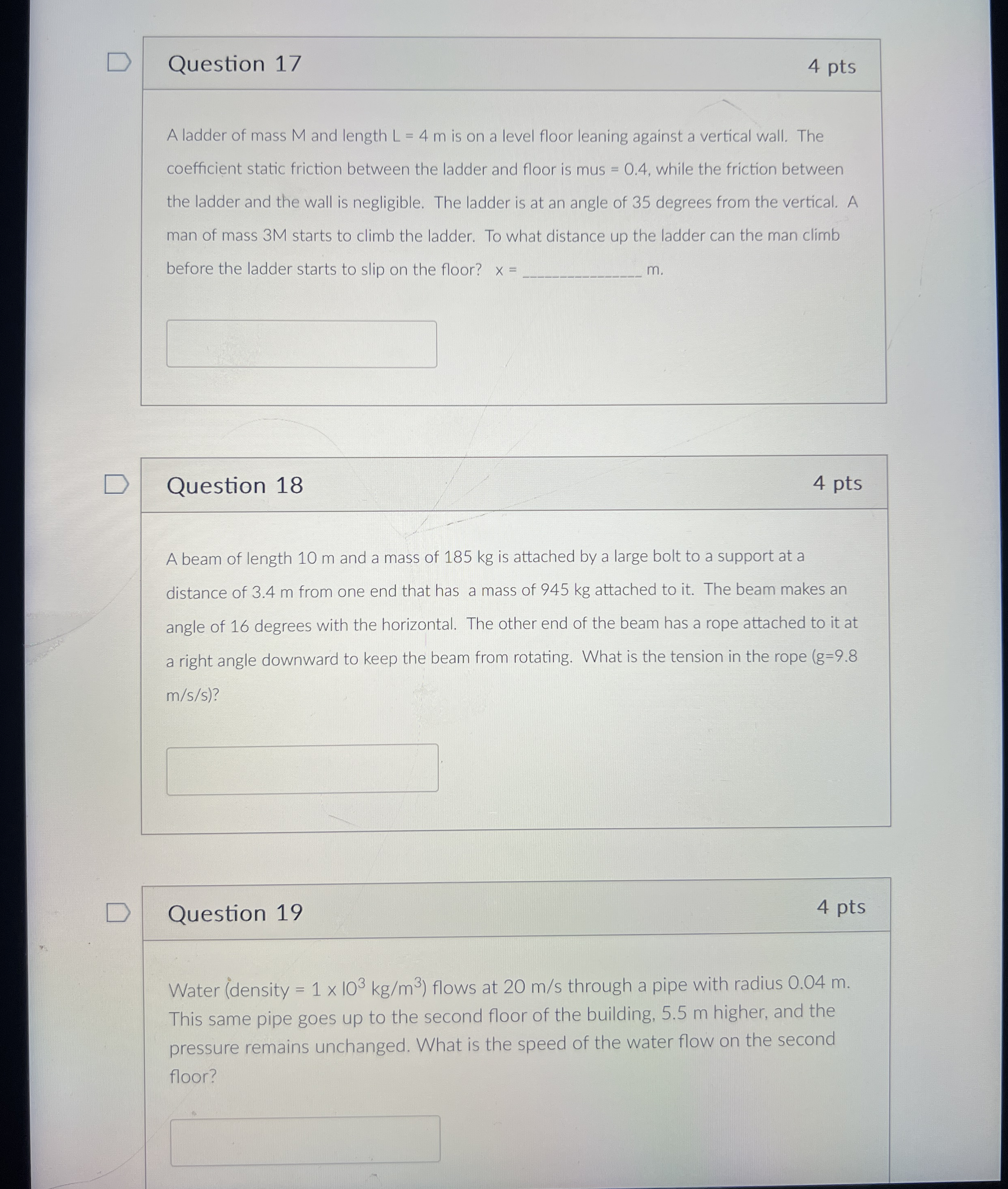 Question 1 7 4 pts A ladder of mass M and length