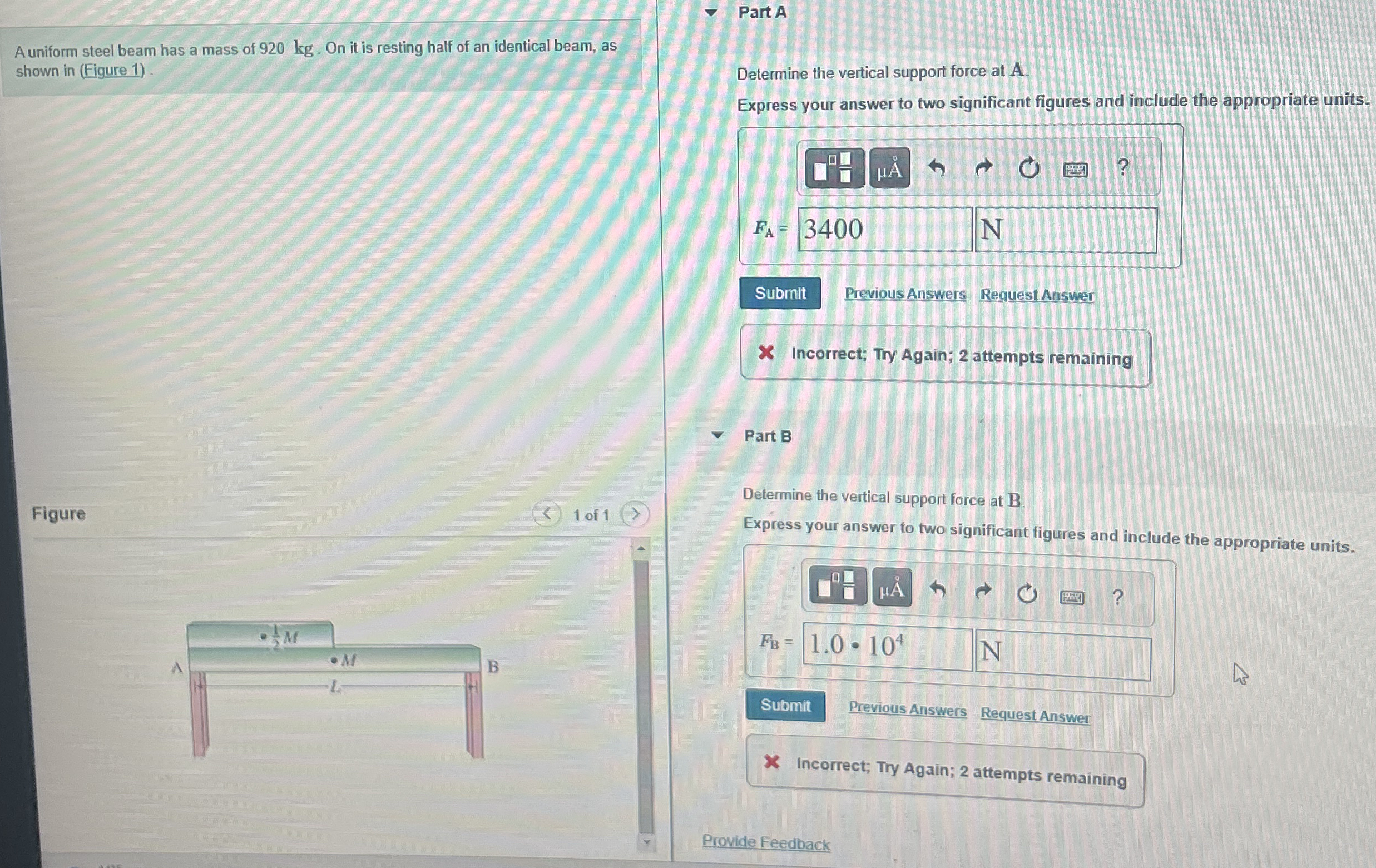A uniform steel beam has a mass of 9 2 0 kg . On
