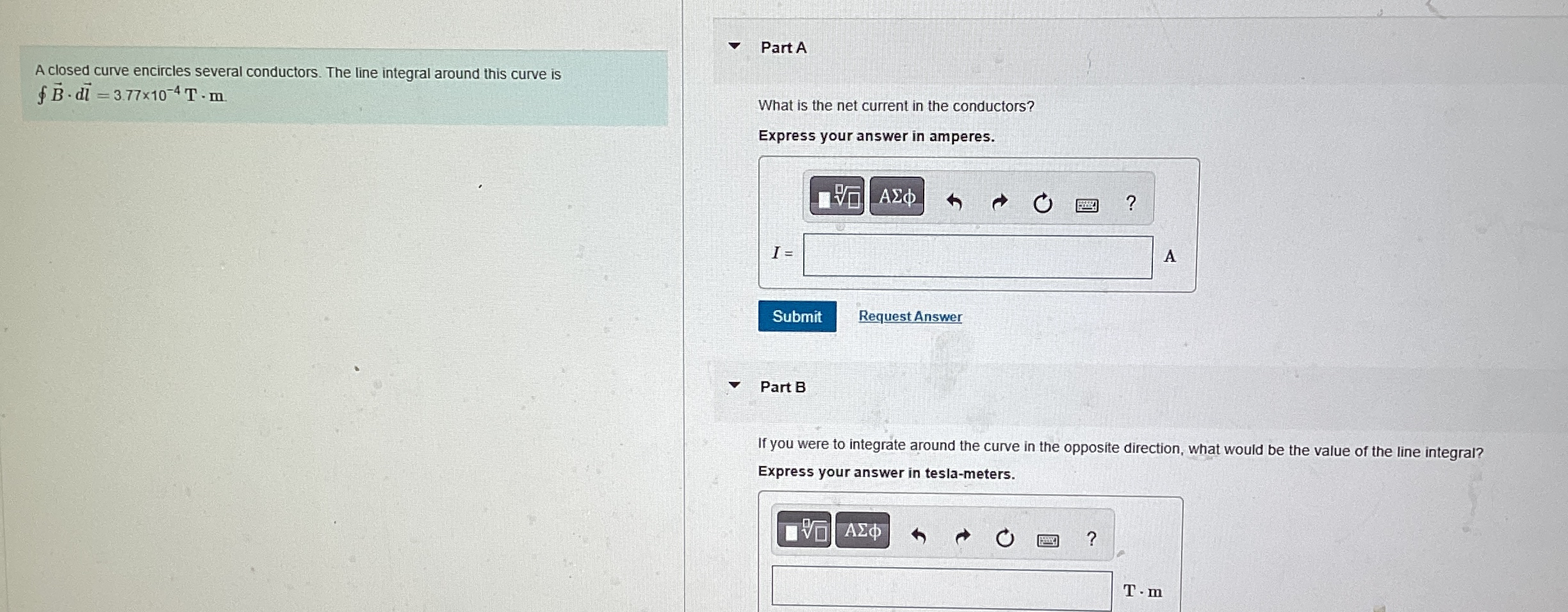 A closed curve encircles several conductors. The