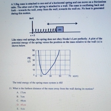 A 3 . 0 kg mass is attached to one end of a