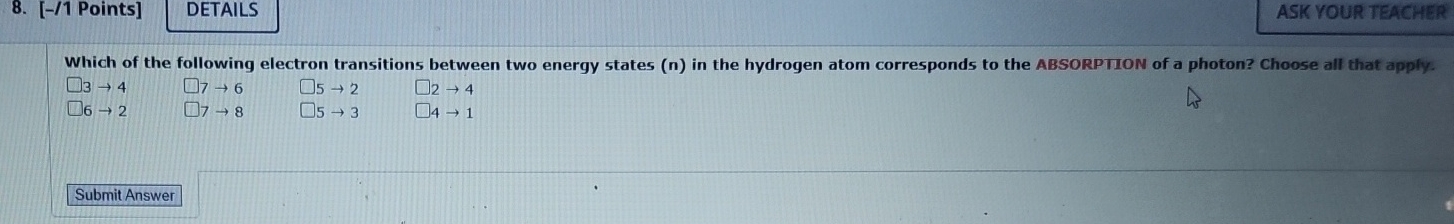 DETAILS ASK YOUR TEACHER Which of the following