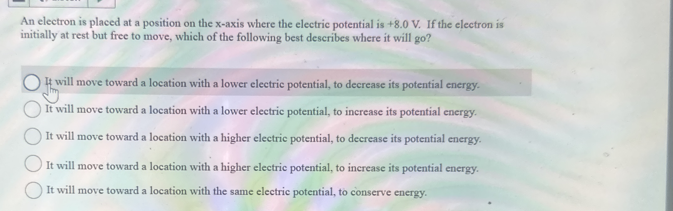 An electron is placed at a position on the x -