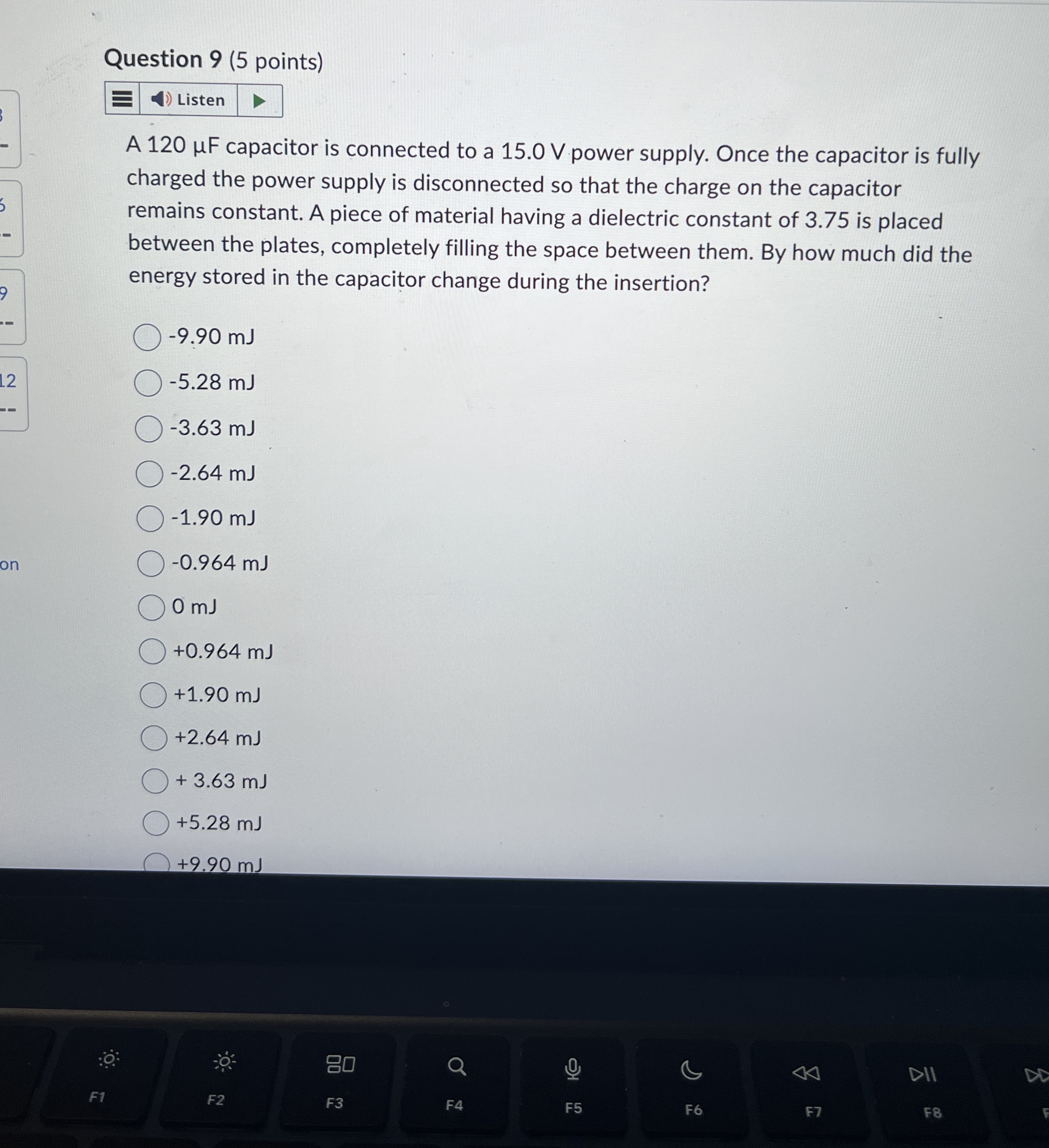 Question 9 ( 5 points ) A 1 2 0 F capacitor is