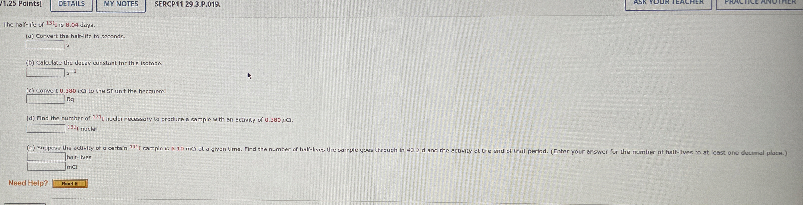 / 1 . 2 5 Points. MY NOTES SERCP 1 1 2 9 . 3 . P