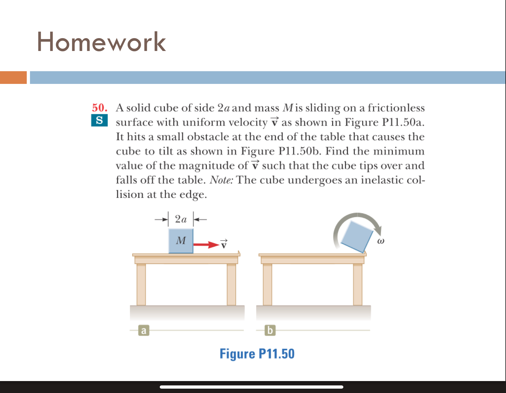 A solid cube of side 2 a and mass M is sliding on