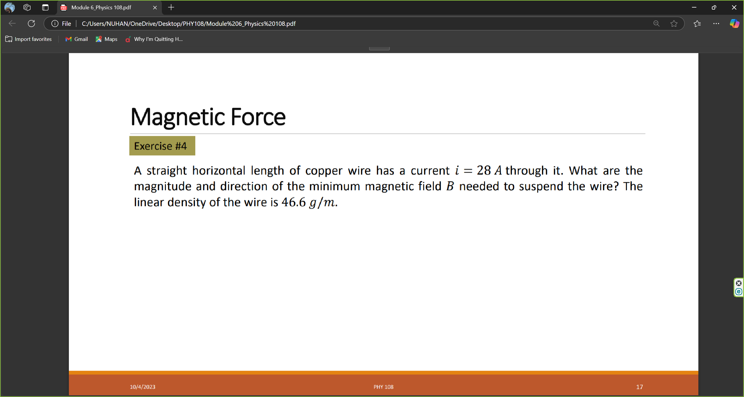 Exercise \ # 4 A straight horizontal length of