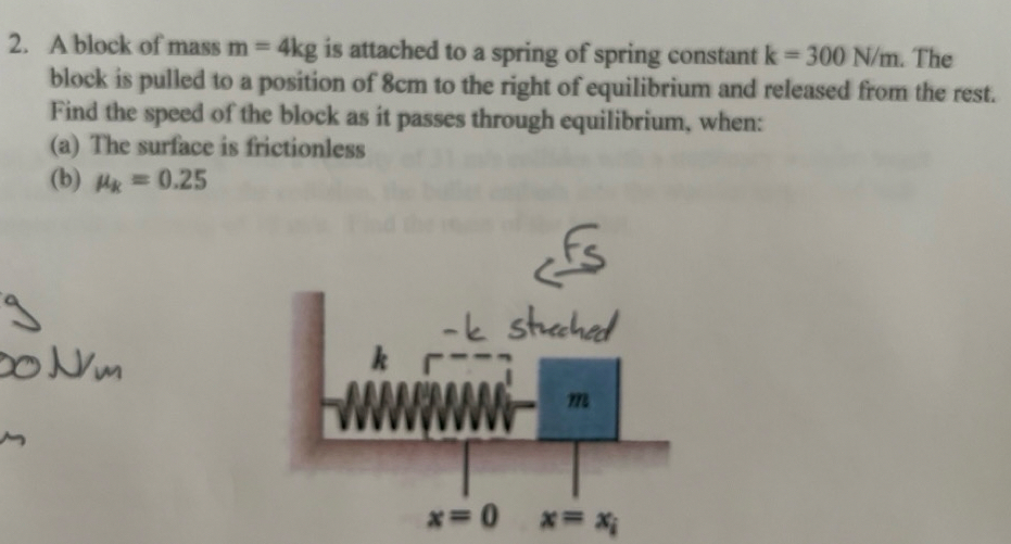 A block of mass m = 4 k g is attached to a spring