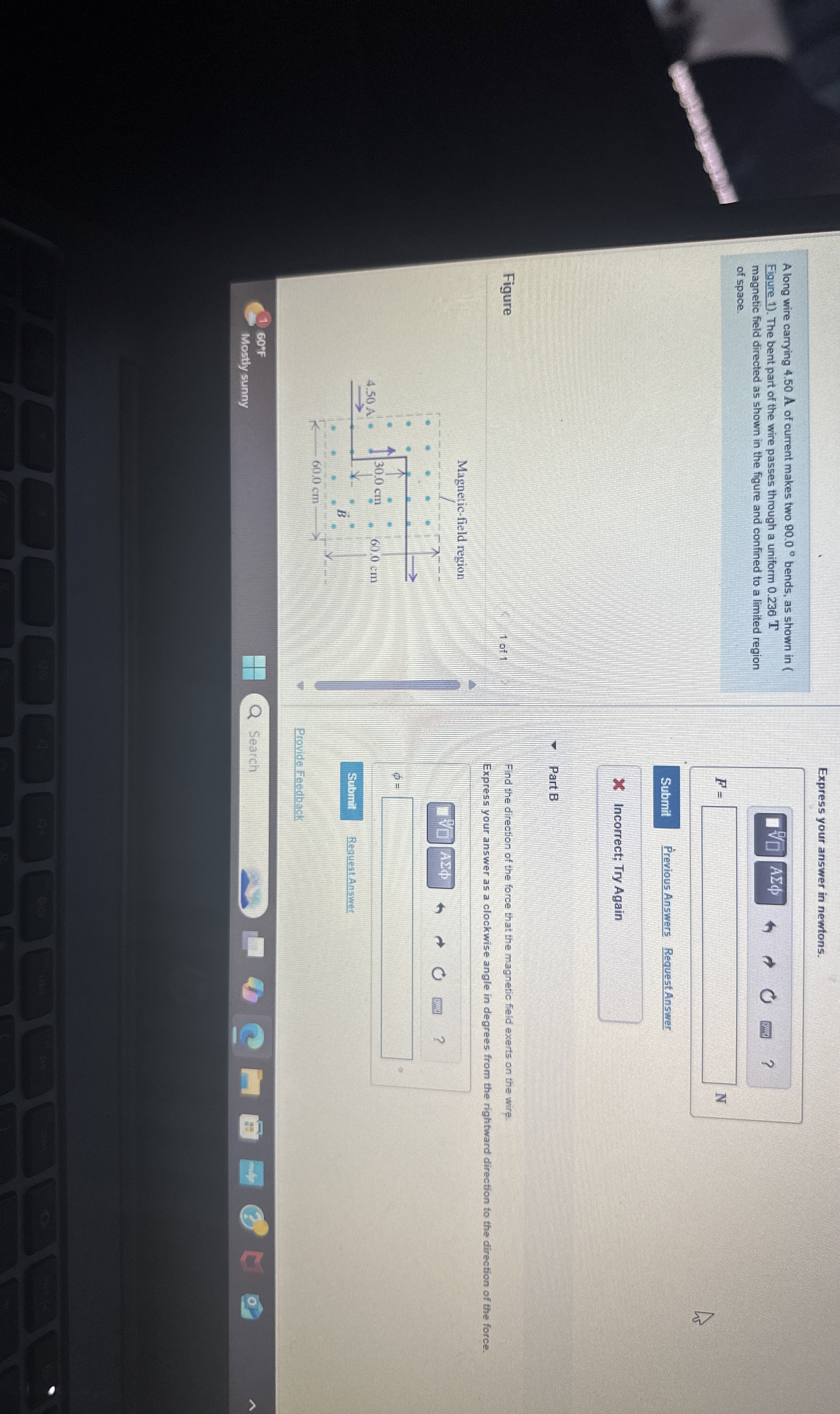 A long wire carrying 4 . 5 0 A of current makes