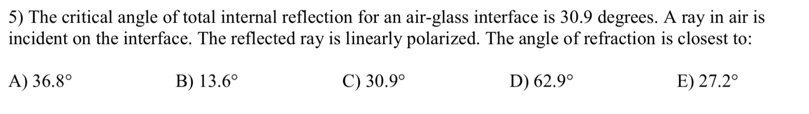 The critical angle of total internal reflection