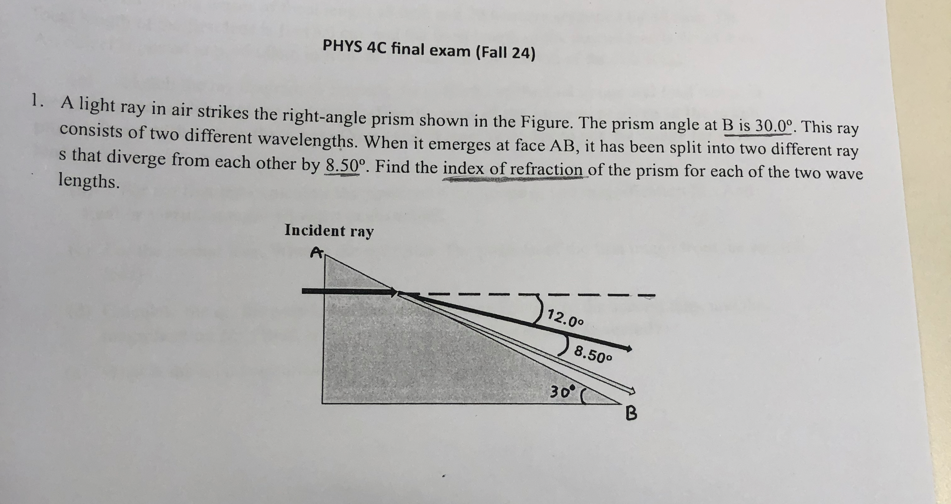 PHYS 4 C final exam ( Fall 2 4 ) A light ray in