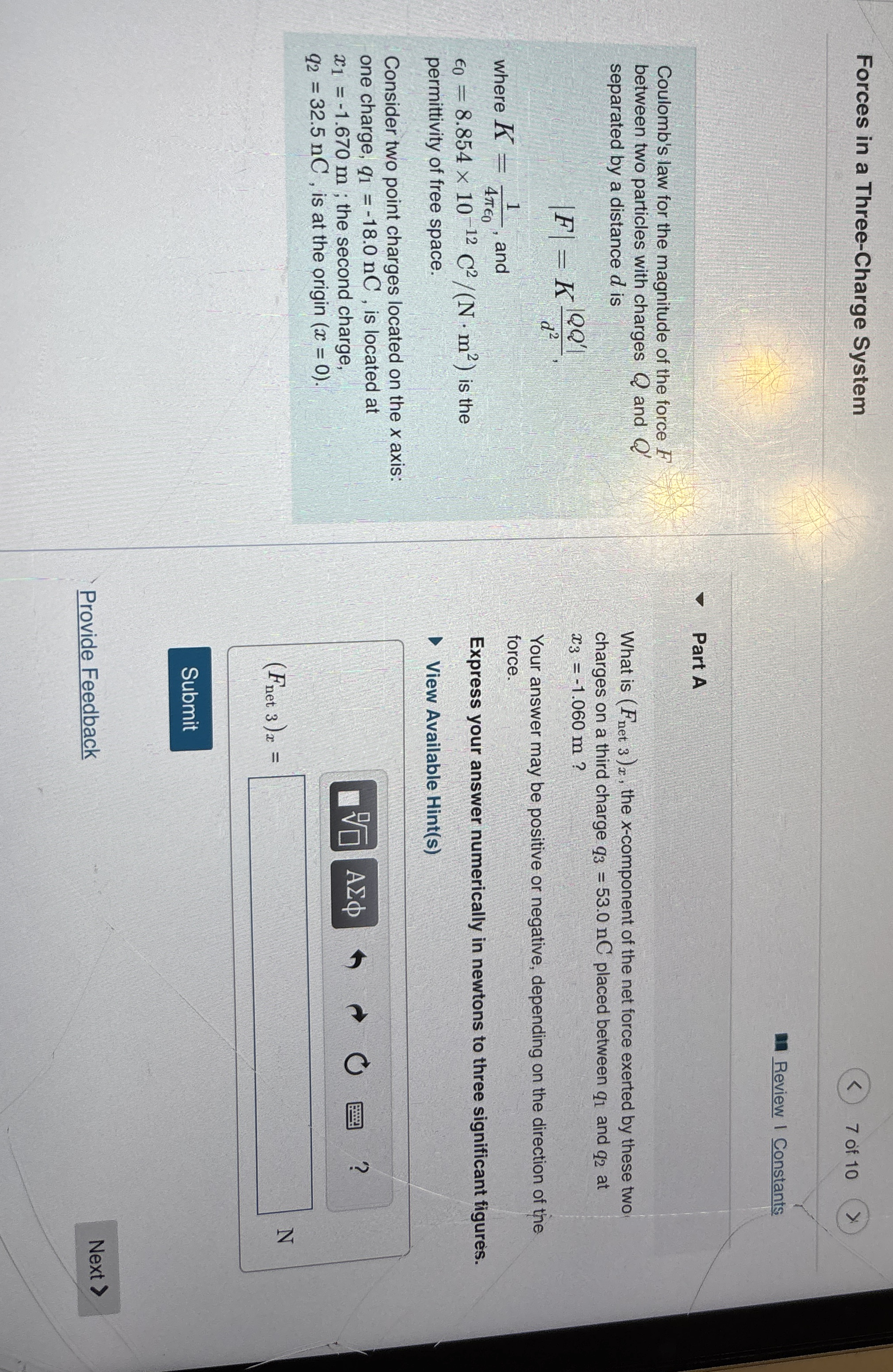 Forces in a Three - Charge System 7 of 1 0 Review