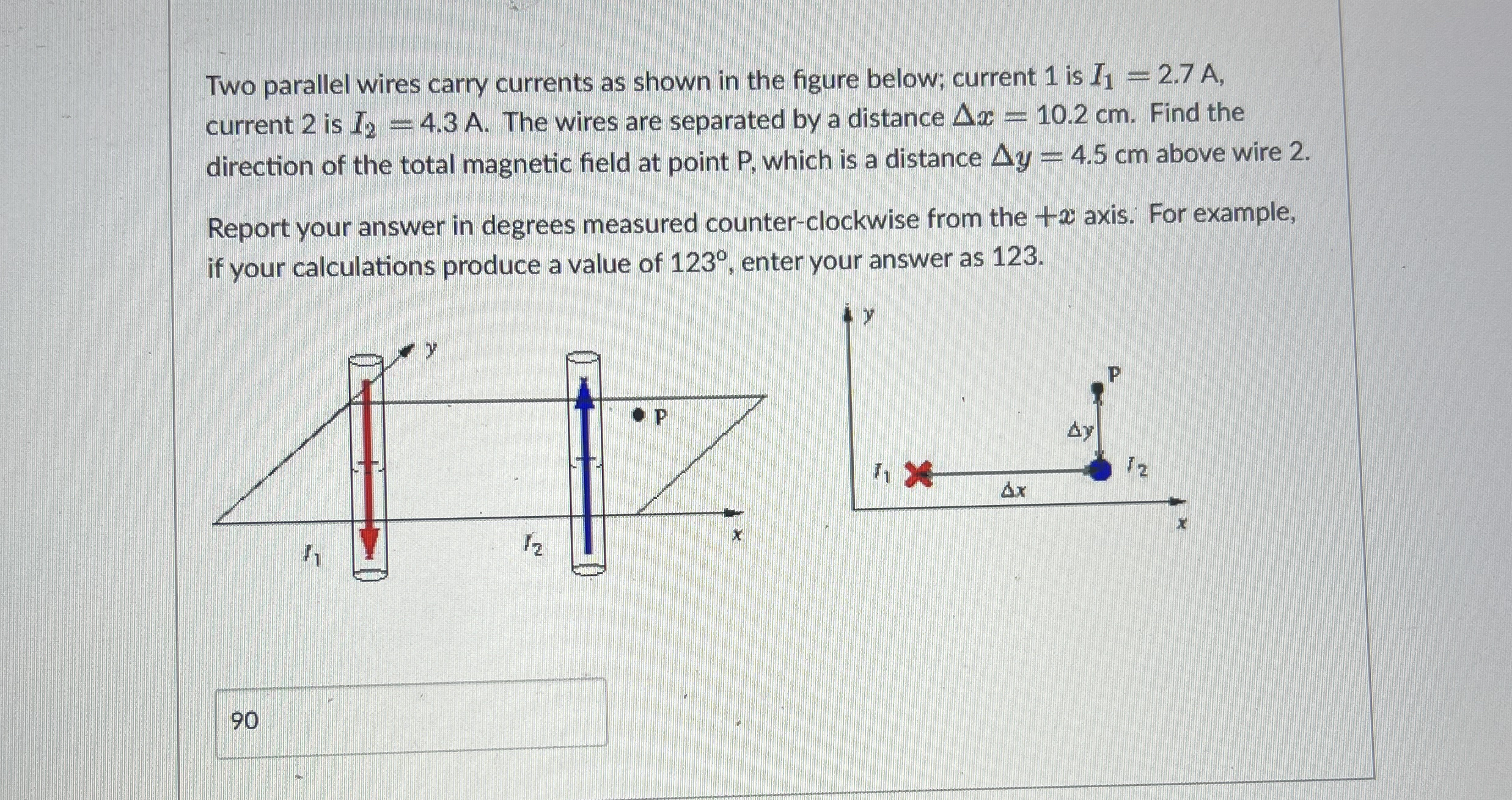 Two parallel wires carry currents as shown in the