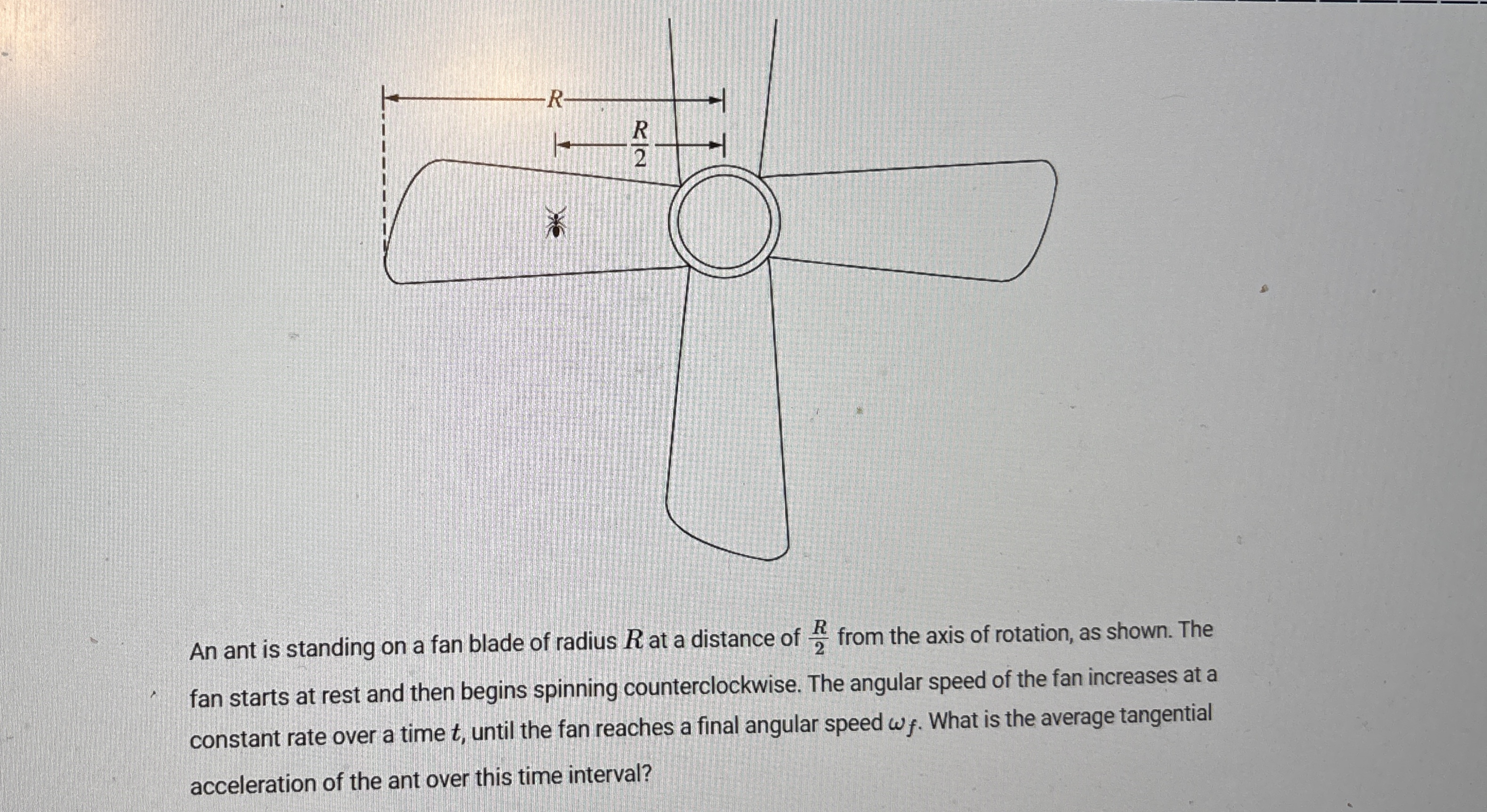 An ant is standing on a fan blade of radius R at