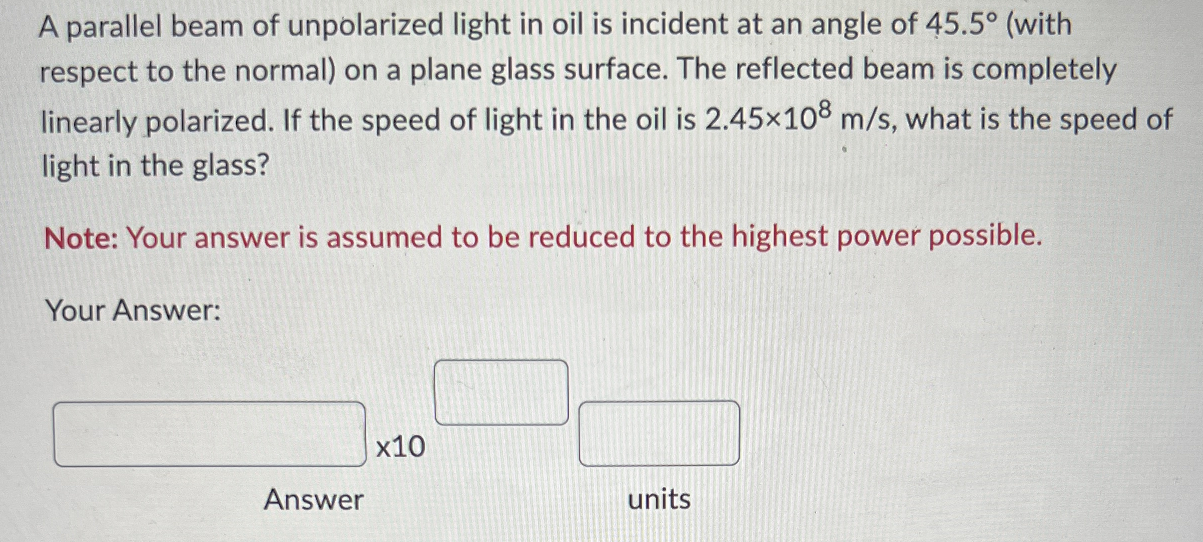 A parallel beam of unpolarized light in oil is