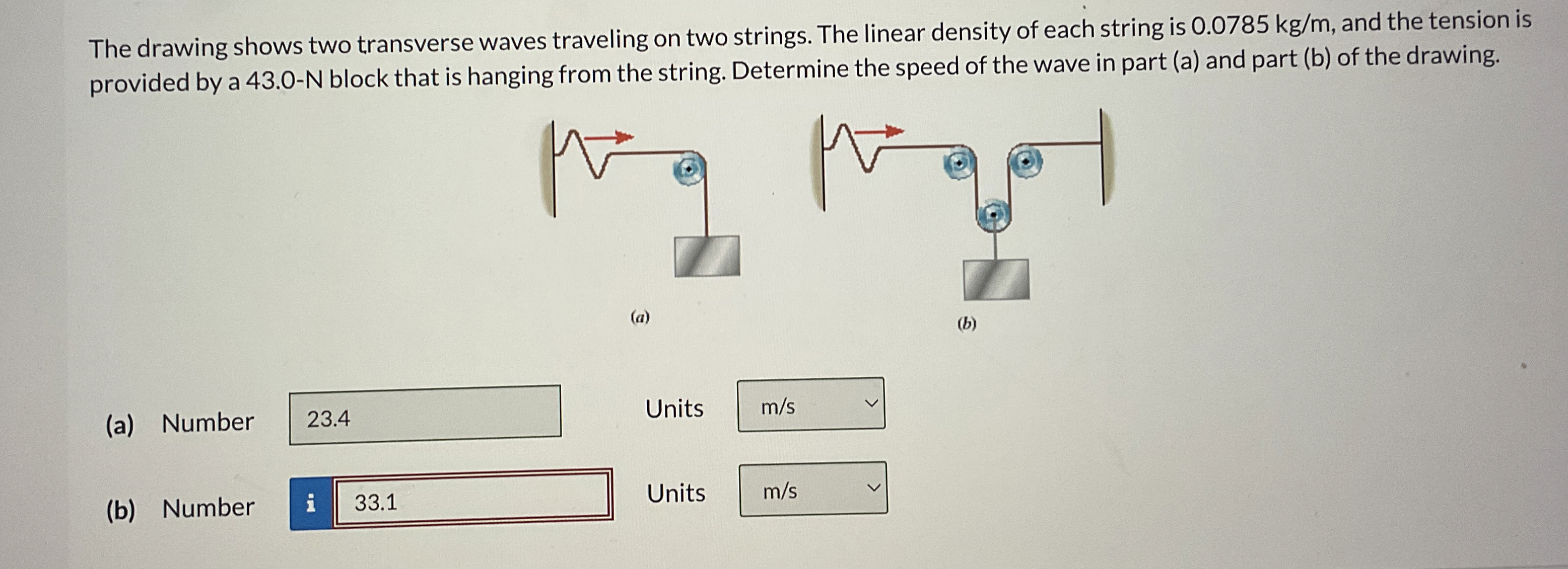 The drawing shows two transverse waves traveling