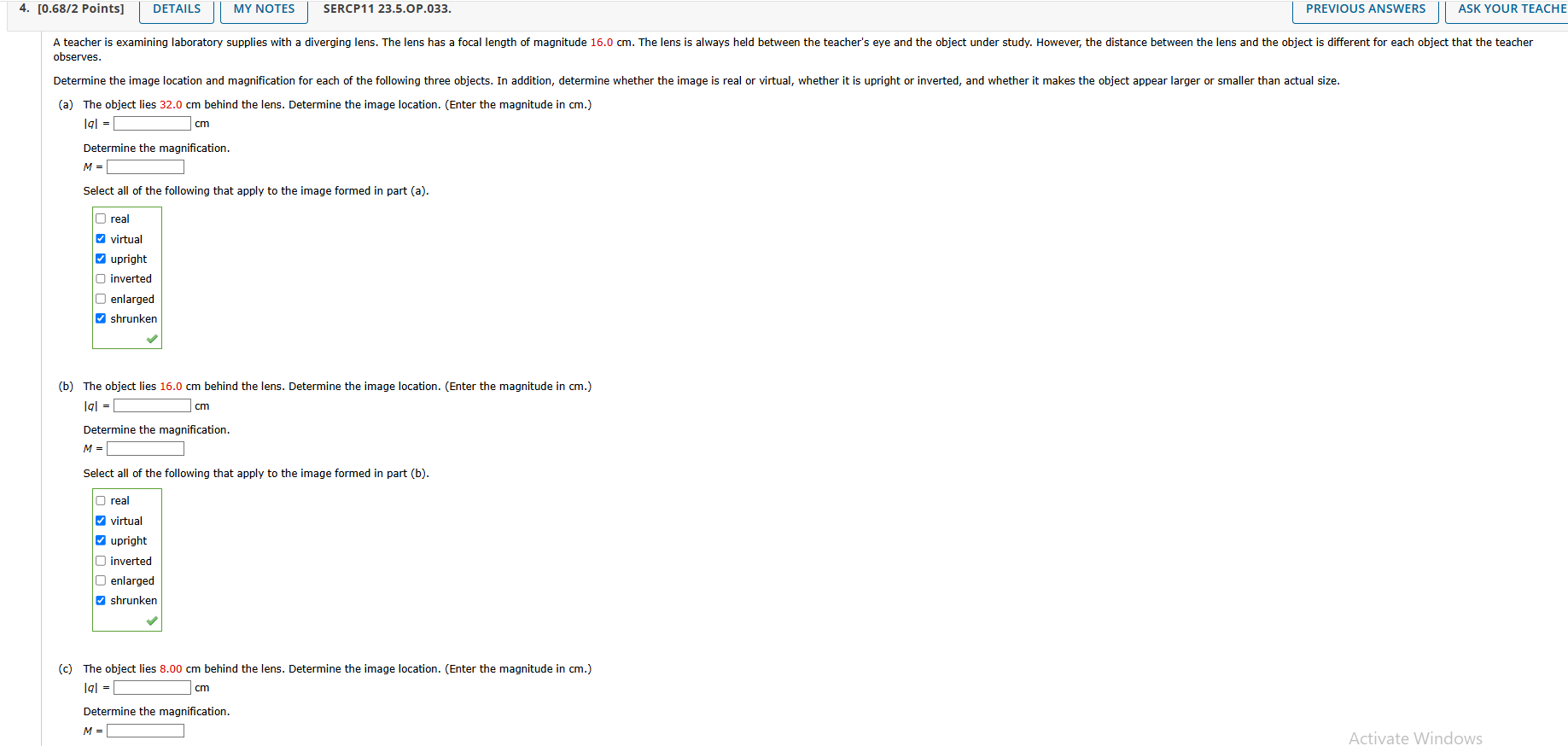 observes. ( a ) The object lies 3 2 . 0 cm behind