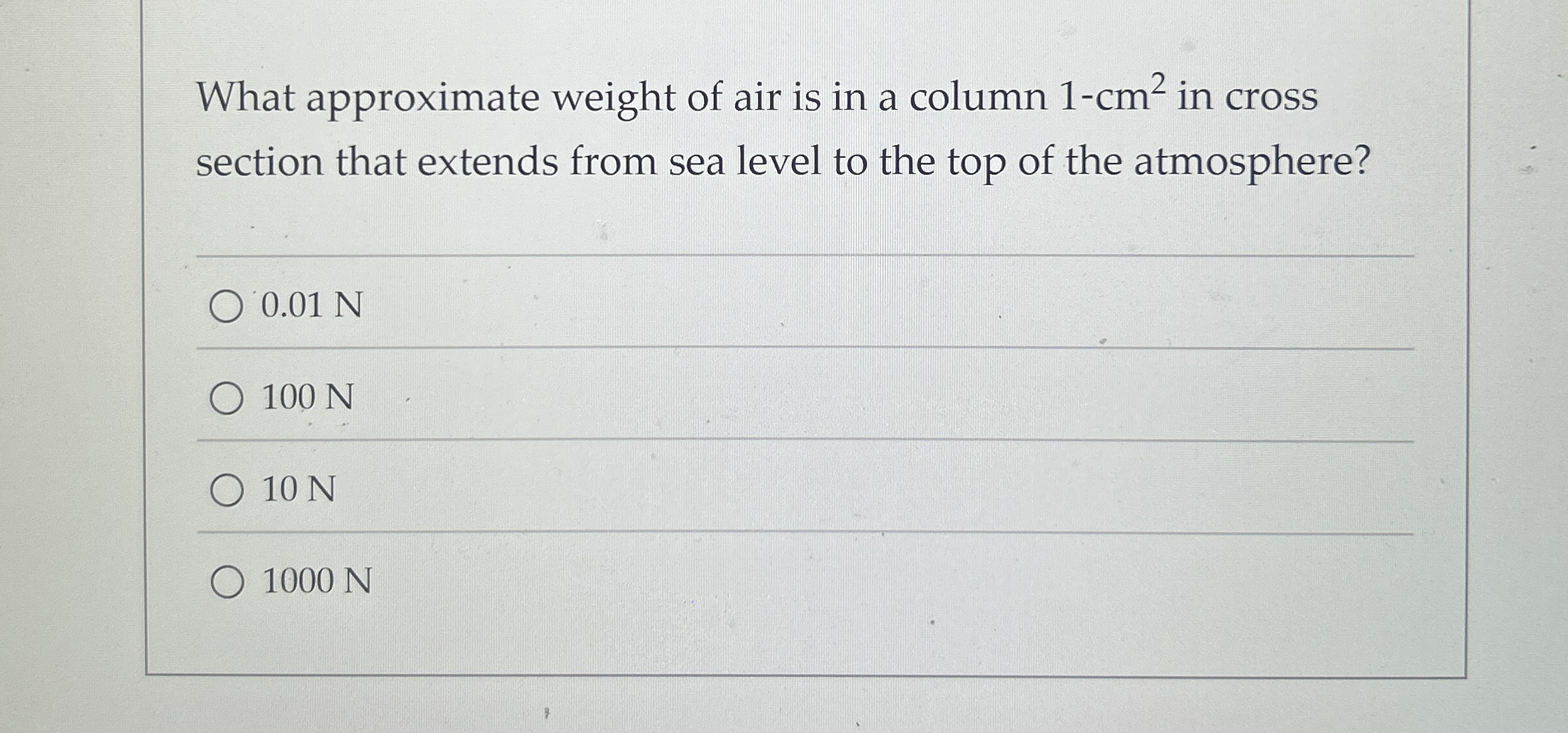 What approximate weight of air is in a column 1 -